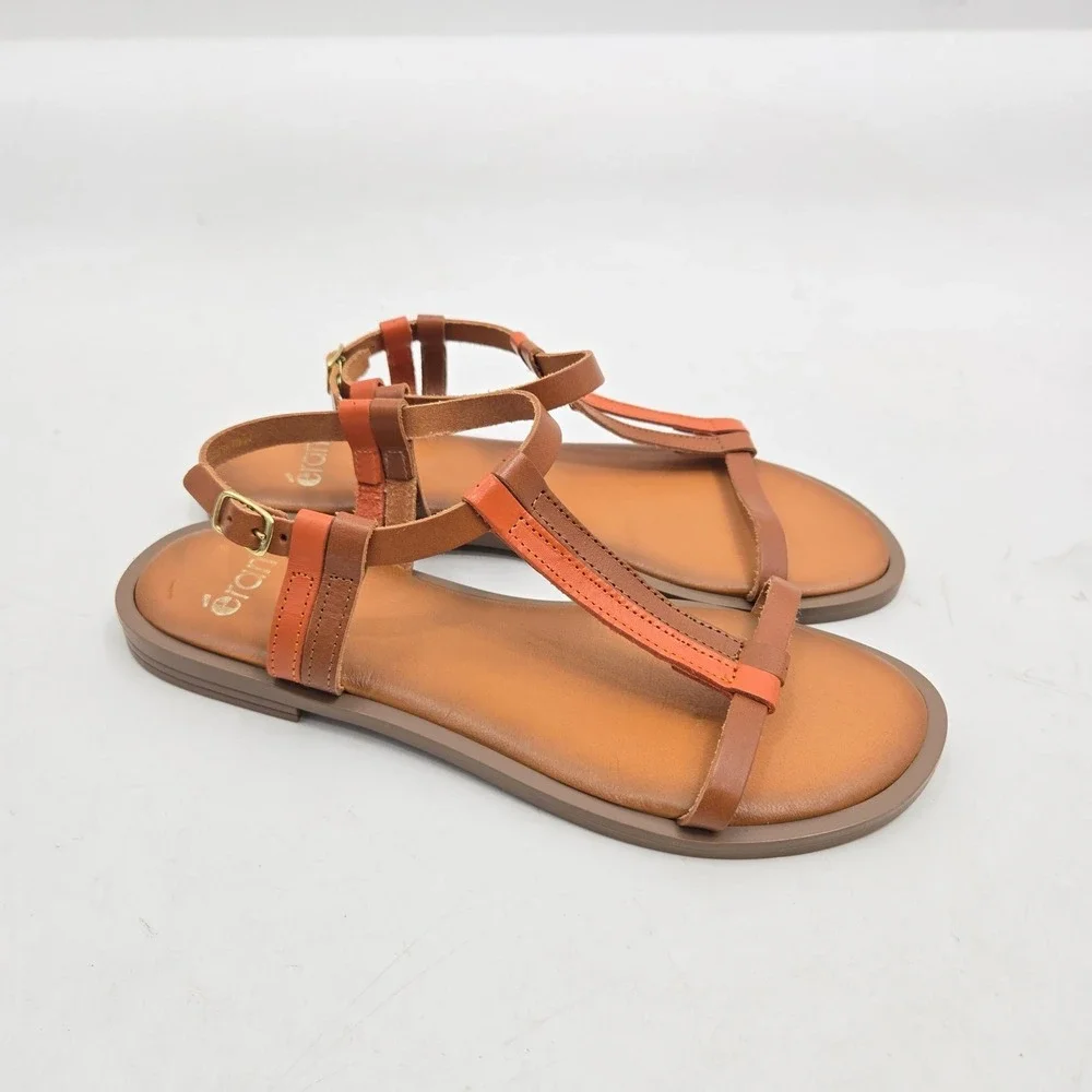 Eram Sandals women's 38‎ Brown Orange Leather T-Strap Made in Italy Buckle